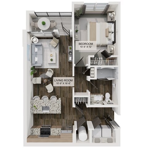 Floor plan for 1 bed, 1 bath, 689 sqft